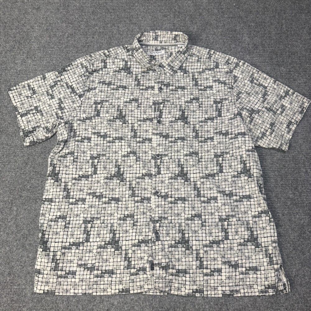 Tommy Bahama Shirt Mens 2XL Gray Geometric Silk Cotton Stretch Button Up
